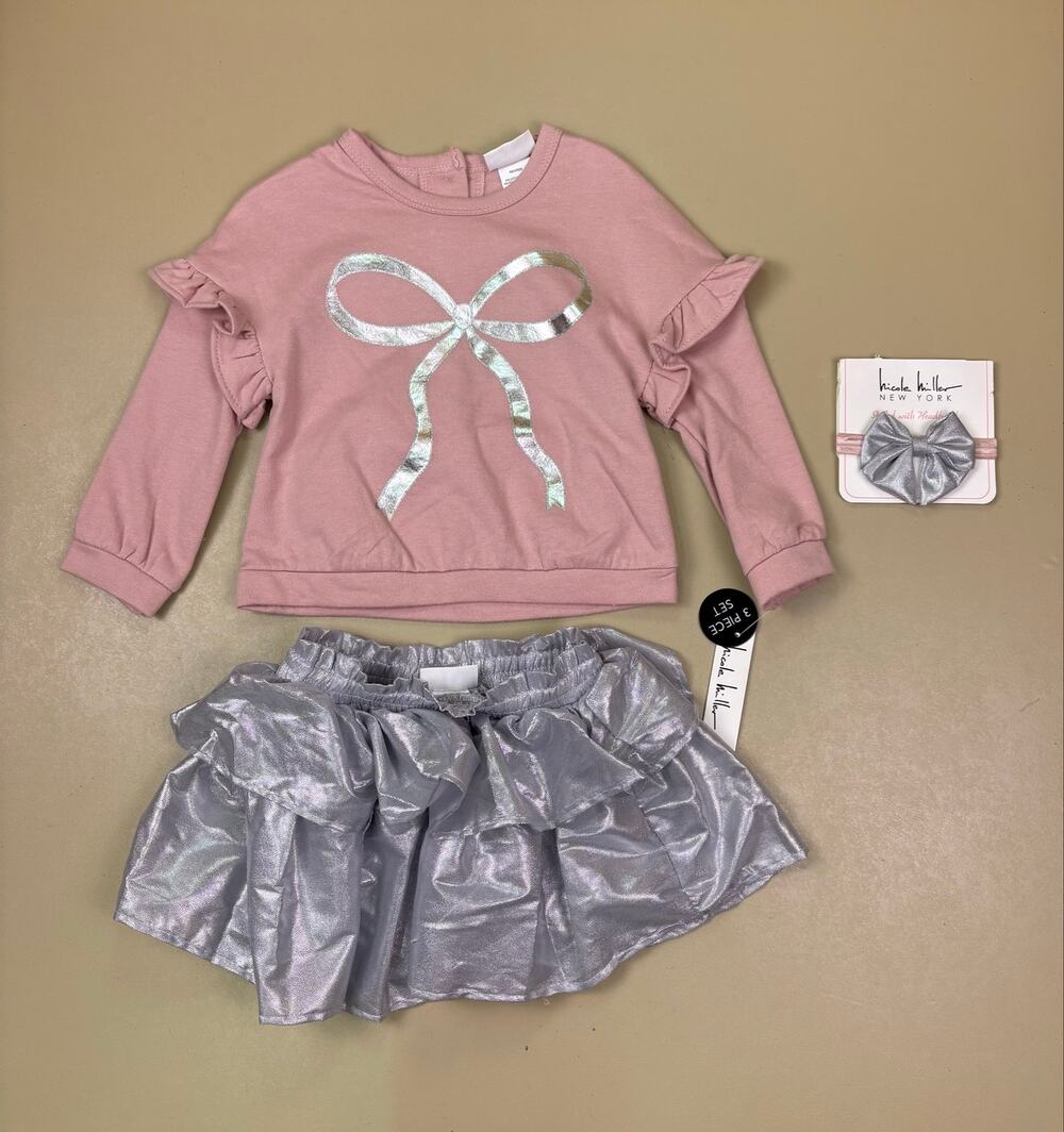 Nicole Miller New York Baby Girls 18M 3 Piece Outfit Pink Silver Bow Skort NWT